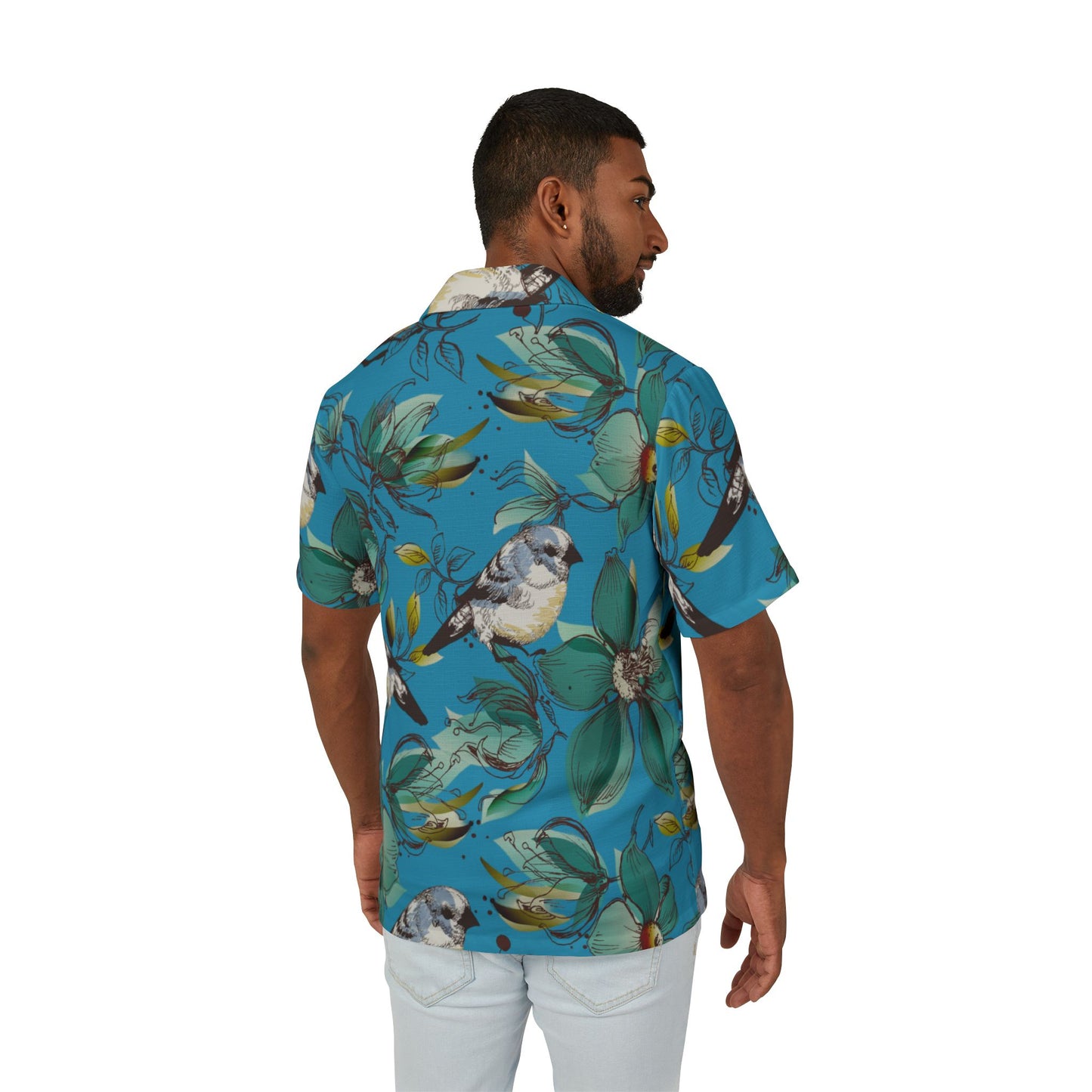 Tropical Bird Print Camp Shirt, Men's Casual Summer Shirt, Vacation Wear, Beach Attire, Hawaiian Style Shirt, Gift for Him