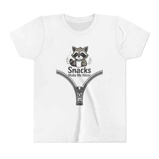 Cute Raccoon Snack Lover Youth Tee, Fun Kids T-Shirt, Animal Lover Gift, Birthday Gift, Playful Short Sleeve Shirt