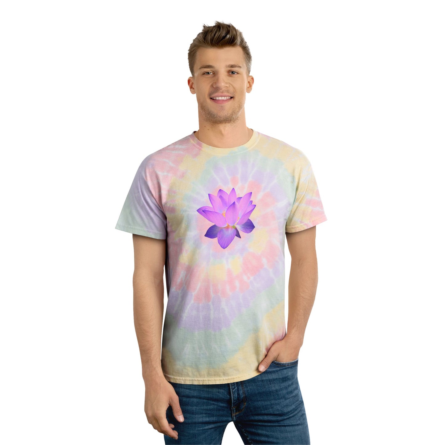 Spiral Tie-Dye T-Shirt with Lotus Design, Summer Vibes, Perfect for Festivals, Yoga, Relaxation, and Gifts