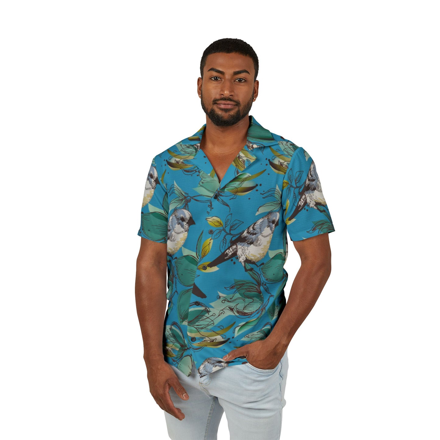 Tropical Bird Print Camp Shirt, Men's Casual Summer Shirt, Vacation Wear, Beach Attire, Hawaiian Style Shirt, Gift for Him